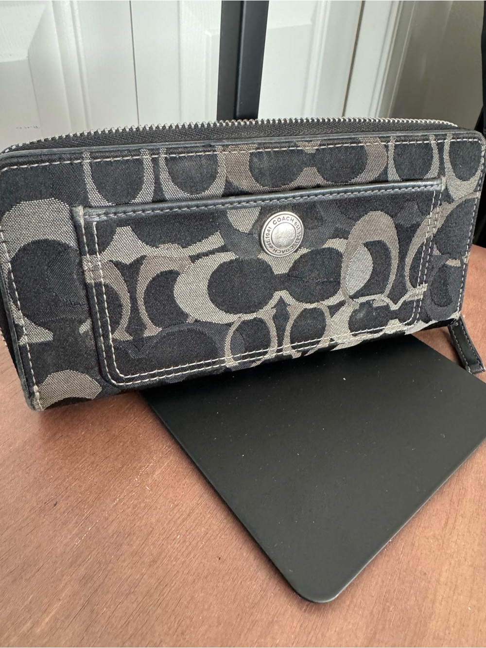 Coach Black and Gray Signature Canvas Zip Wallet